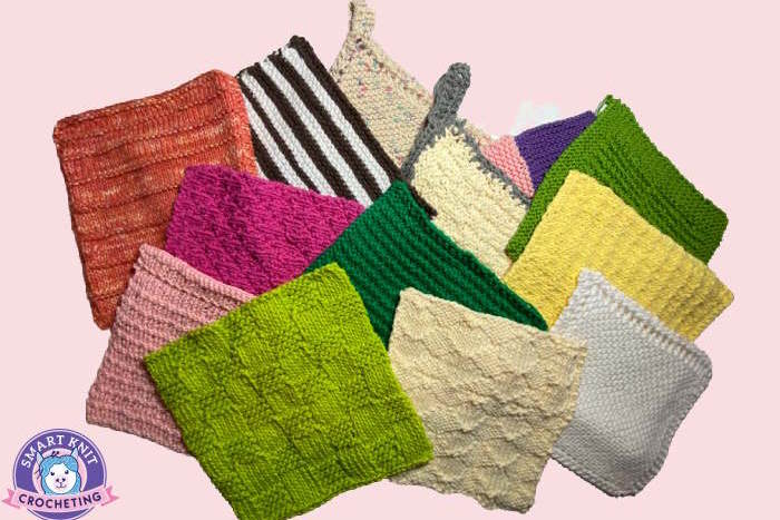Stack of hand-knit dishcloths in cotton yarn